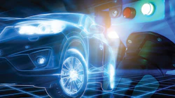 Glowing blue wireframe car design in futuristic digital technology environment