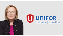 Unifor union logo with blonde professional in black jacket