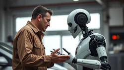 Person in brown jacket interacting with white humanoid robot in industrial setting