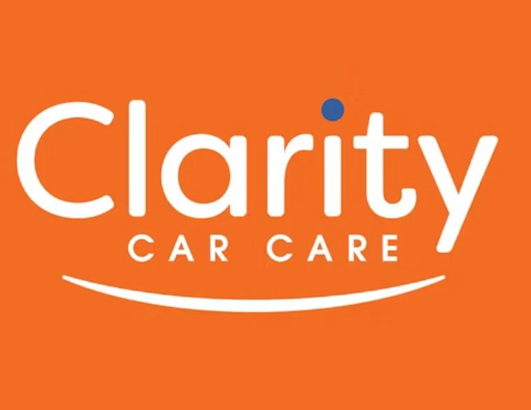 Clarity Car Care logo: White text on bright orange background