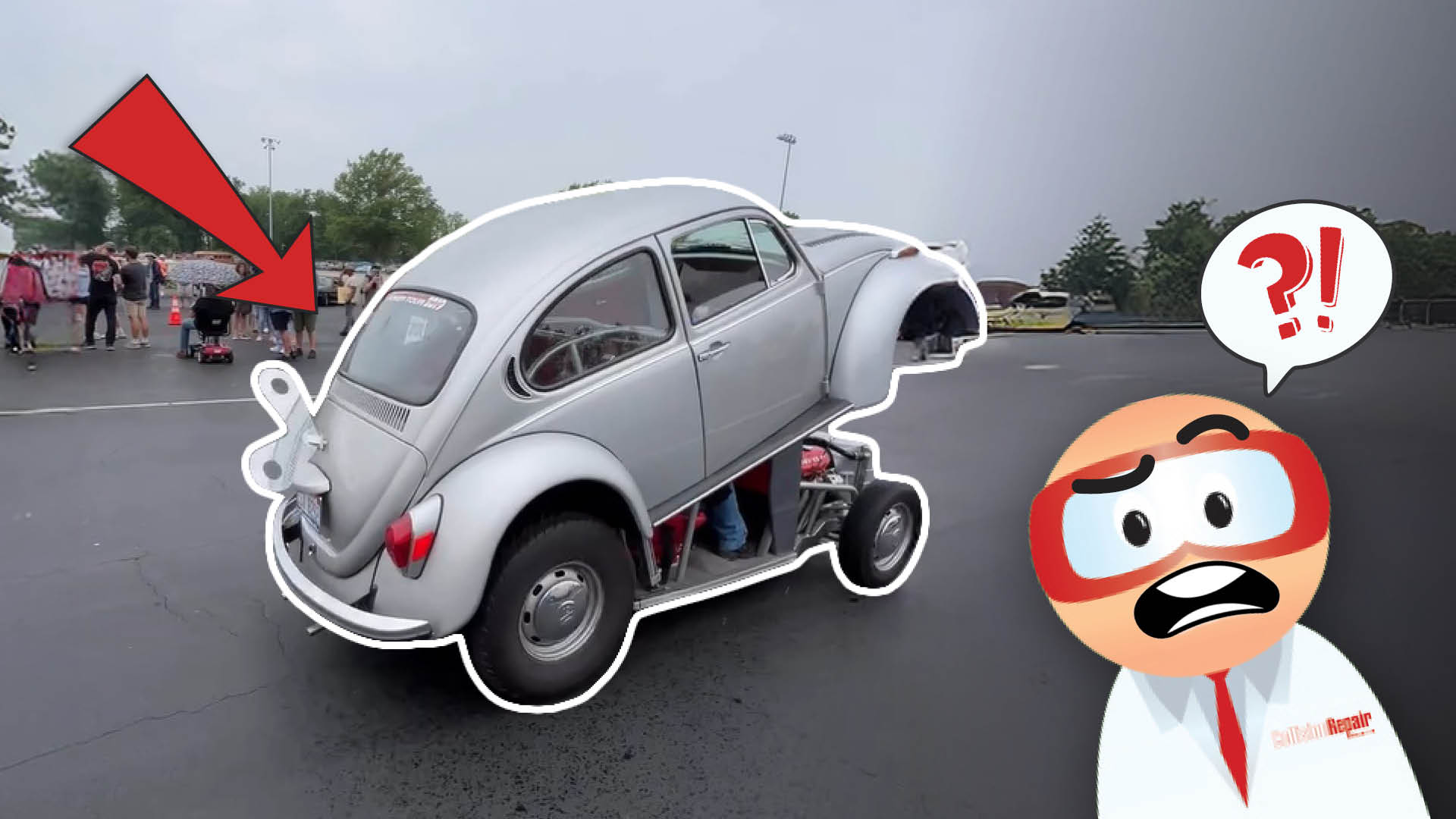 Modified silver Volkswagen Beetle with unusual mechanical configuration in parking lot