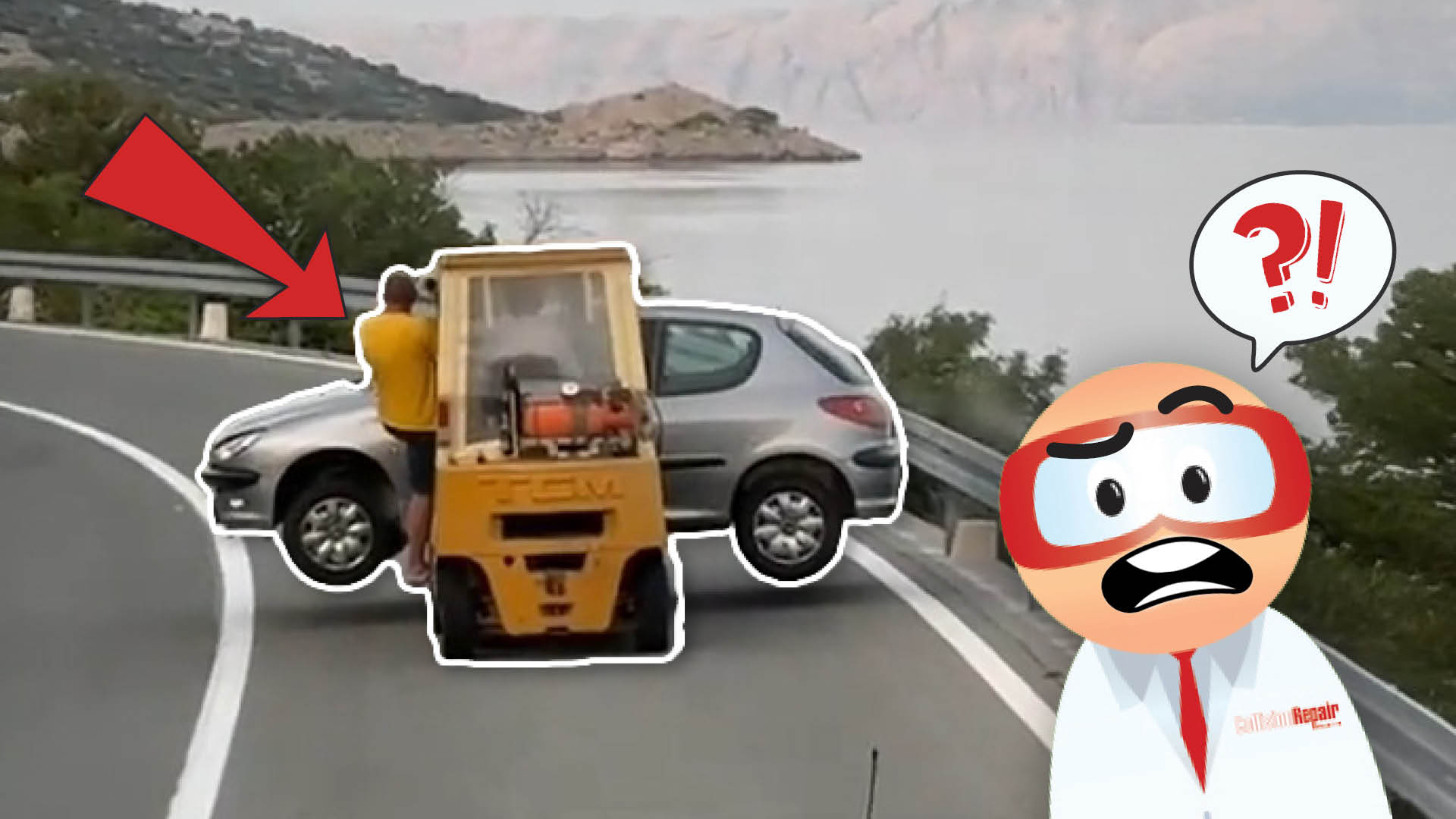 Forklift blocking car on winding mountain road with surprised cartoon character
