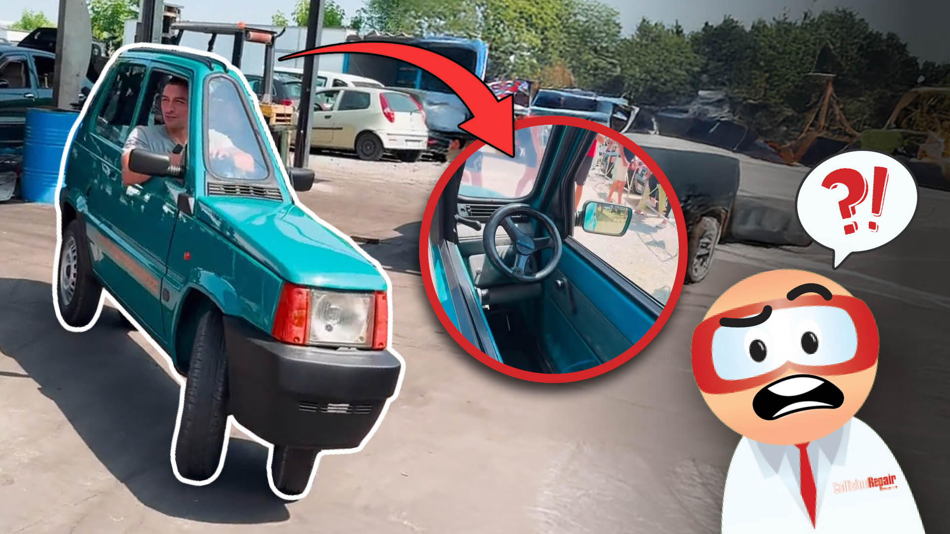 Unusual teal three-wheeled car with driver, zoomed inset showing steering wheel