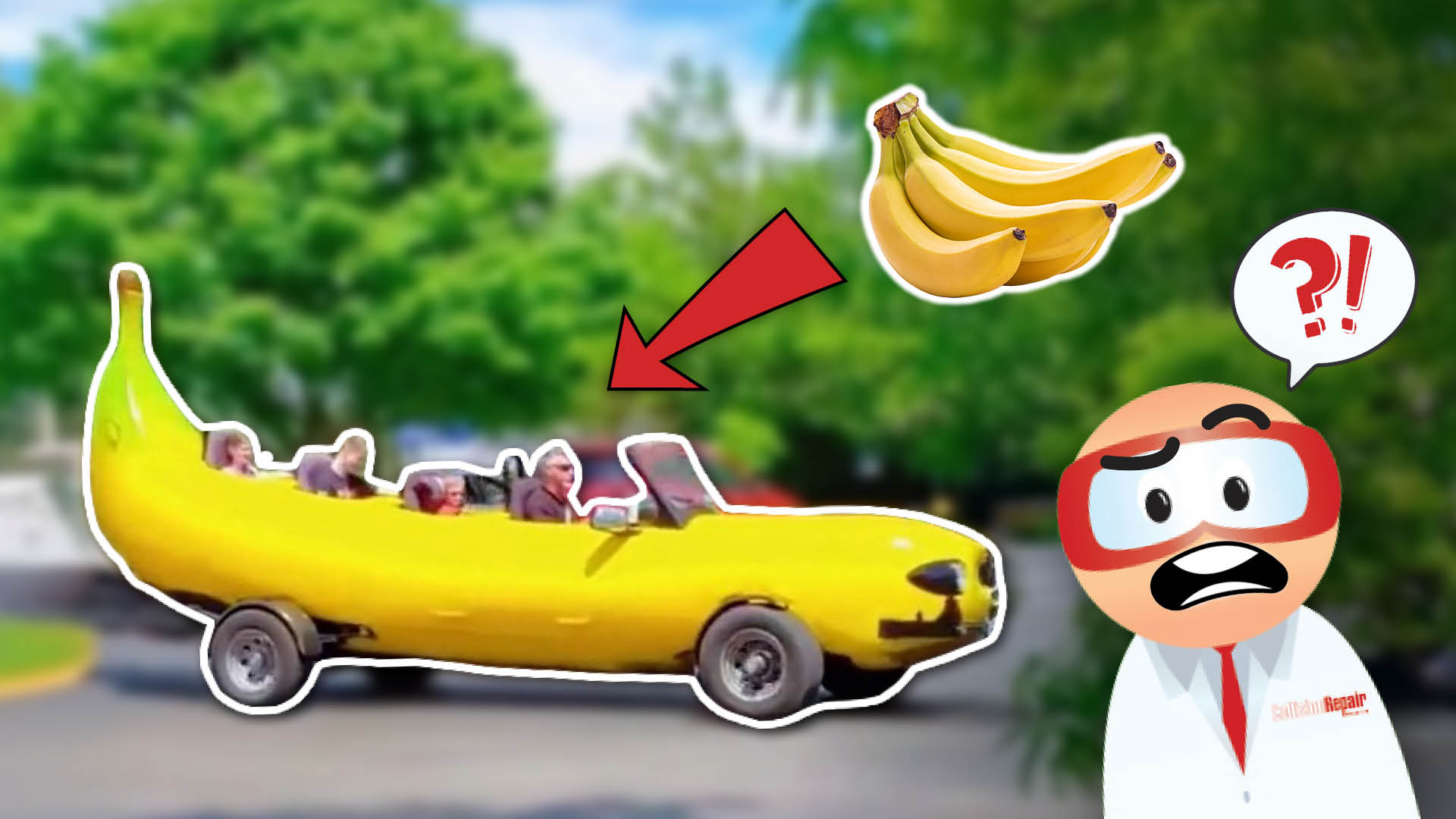 Cartoon banana-shaped car with passengers, shocked emoji character nearby