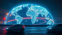 Glowing digital world map with connected continents and cars at night