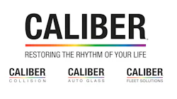 Caliber logo with rainbow accent, showcasing collision, auto glass, and fleet services