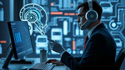 Professional in suit analyzing AI data visualization with digital interface and holographic head display