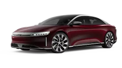 Sleek burgundy electric sedan with modern aerodynamic design