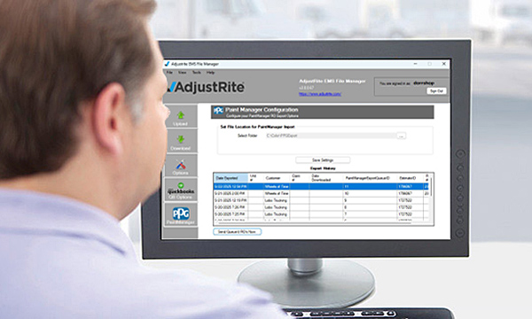 Professional analyzing AdjustRite software configuration screen on computer monitor