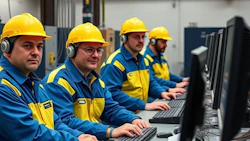 Industrial control room with workers in yellow hard hats and blue-yellow uniforms