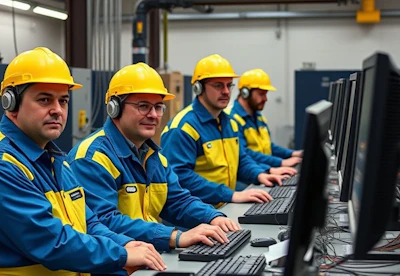 Industrial control room with workers in yellow hard hats and blue-yellow uniforms