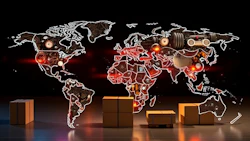 Digital world map with glowing nodes representing global technology and connectivity