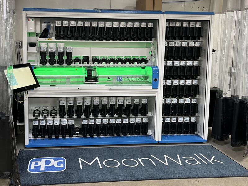 PPG MoonWalk industrial mixing and dispensing system with multiple black containers