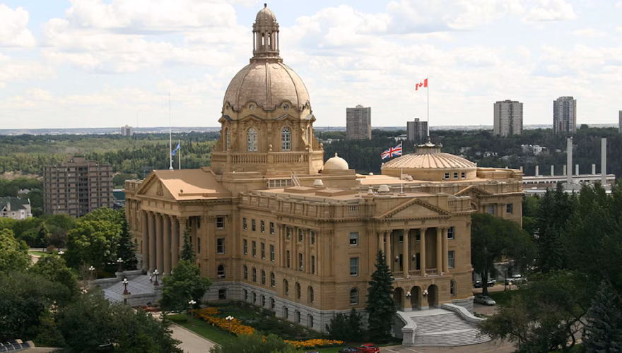 Alberta Legislature Building in Edmonton, golden sandstone architecture with dome