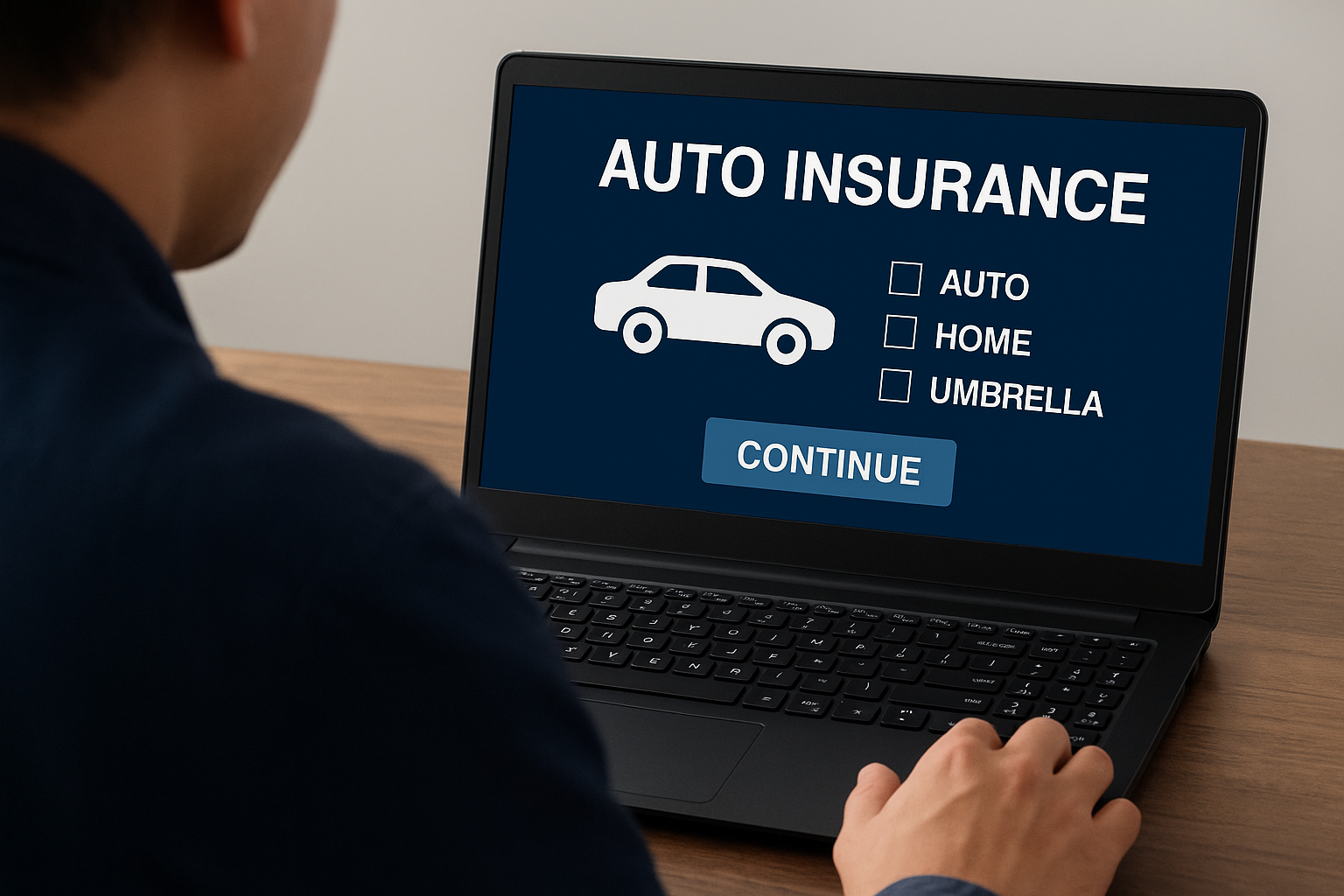 Laptop screen displaying auto insurance selection page with car icon and policy options