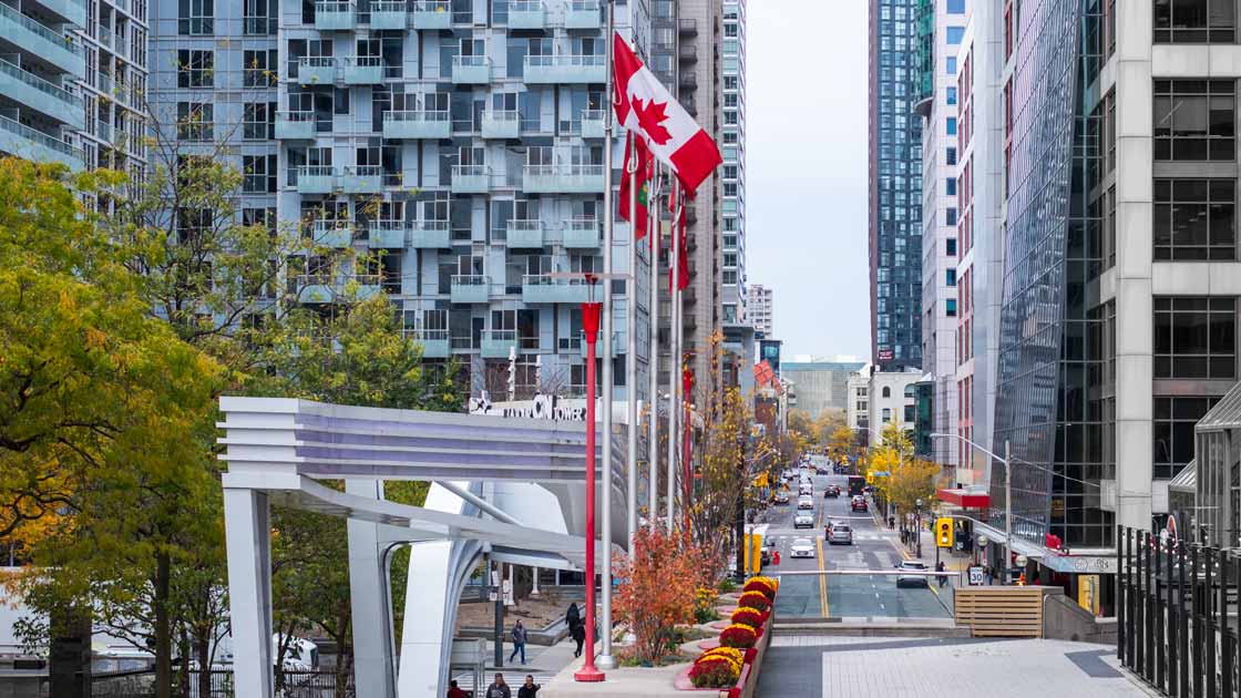 Urban Toronto street with Canadian flags, modern buildings, and autumn trees