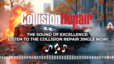 Dramatic car advertisement with burning vehicle and Collision Repair Magazine logo