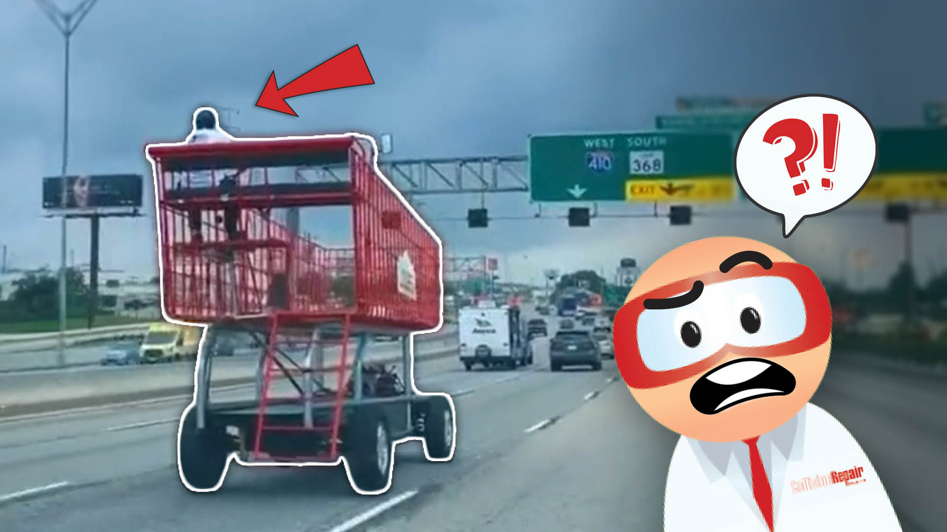 Cartoon character looking shocked at oversized shopping cart driving on highway