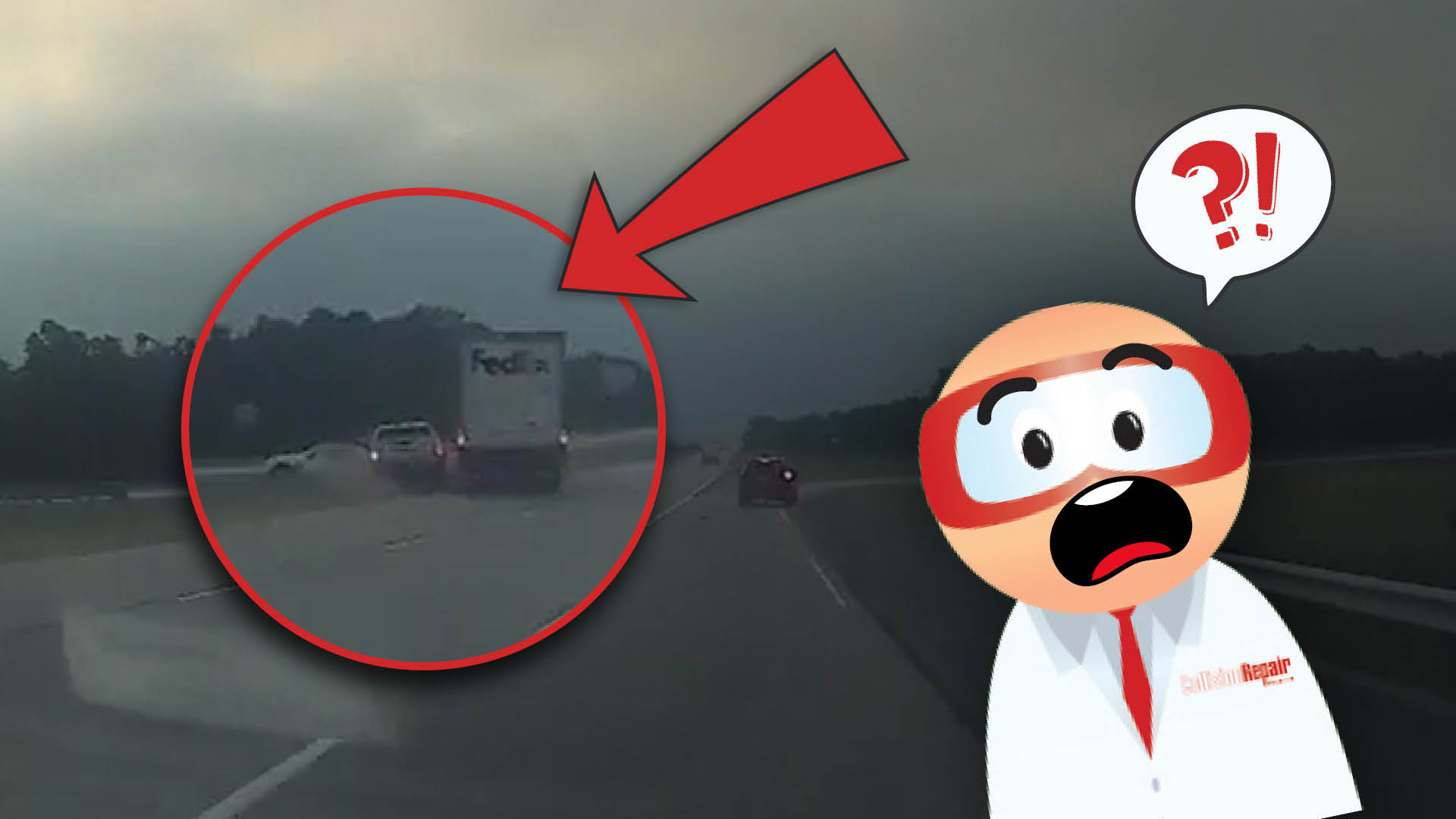 Shocked cartoon character observing a dramatic highway scene with FedEx truck