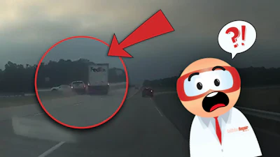 Shocked cartoon character observing a dramatic highway scene with FedEx truck