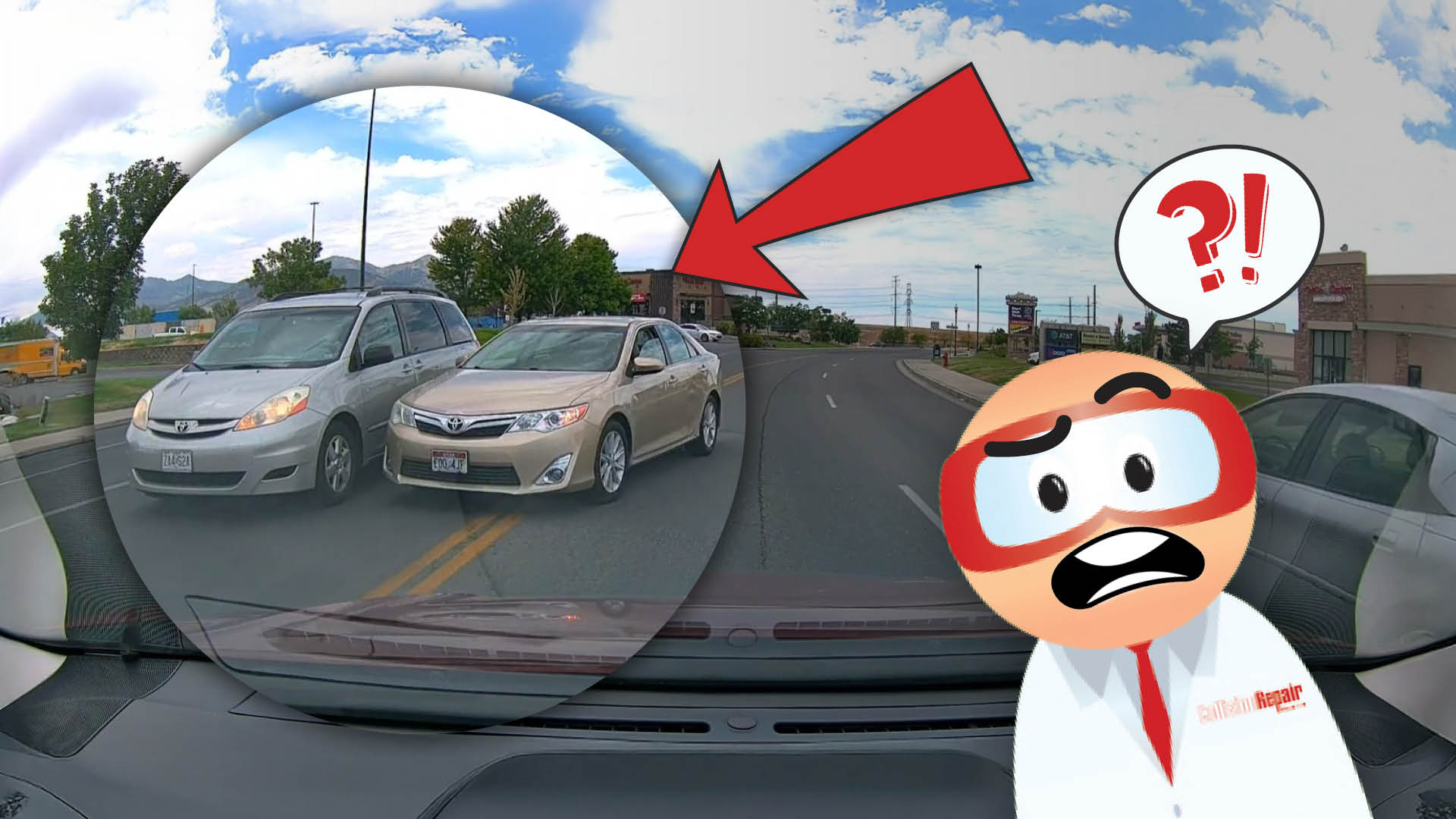 Cartoon character looking surprised at cars stopped on road from driver's perspective