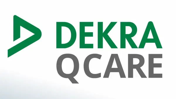 DEKRA QCARE logo featuring green triangular symbol with green and gray text on white background