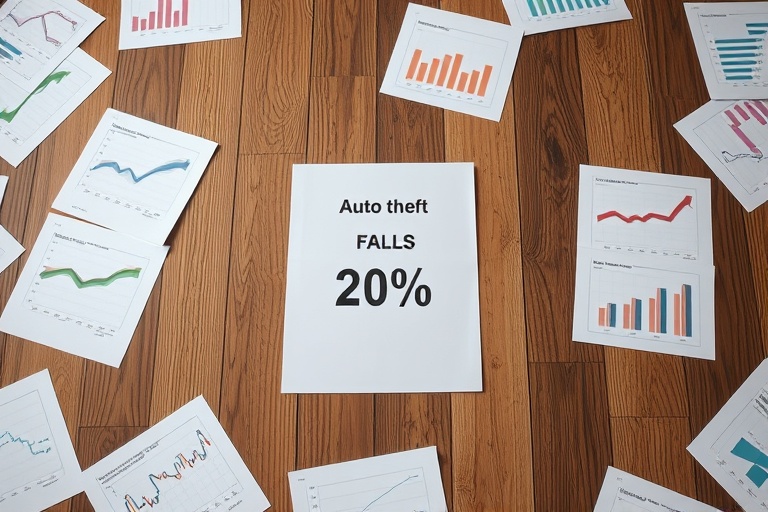 Wooden floor with scattered data charts showing 20% fall in auto theft statistics
