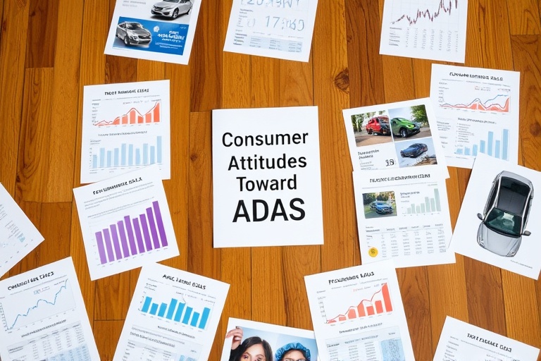 Research documents and charts analyzing consumer perspectives on advanced driver assistance systems