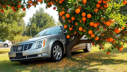 Silver Cadillac sedan parked under a lush orange tree with ripe fruit