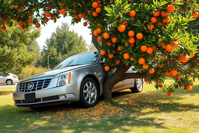 Silver Cadillac sedan parked under a lush orange tree with ripe fruit