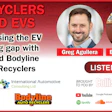 Podcast graphic about electric vehicle recycling with two men and radio platform logos