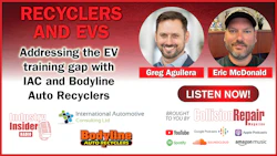 Podcast graphic about electric vehicle recycling with two men and radio platform logos