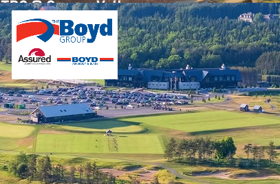 Boyd Group logo with aerial view of automotive facility and surrounding landscape