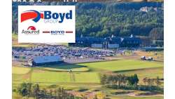 Boyd Group logo with aerial view of automotive facility and surrounding landscape