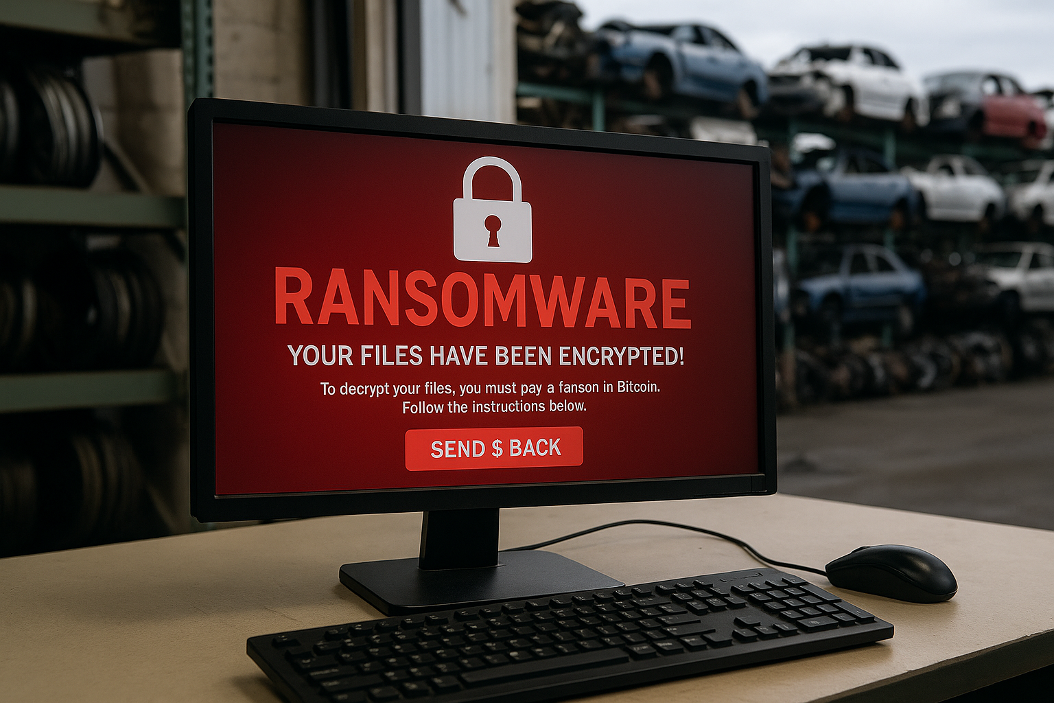 Computer screen displaying red ransomware warning with encrypted files alert