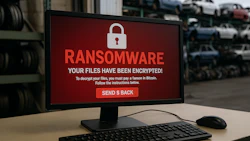 Computer screen displaying red ransomware warning with encrypted files alert