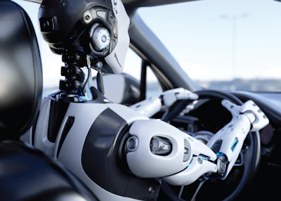 Futuristic robotic hand gripping steering wheel in autonomous vehicle interior