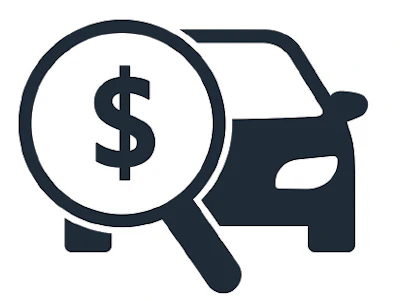 Car pricing search icon with magnifying glass and dollar sign