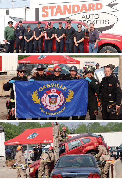 Oakville Fire Department team with flag and emergency response vehicles