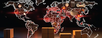 Global technology network map with glowing nodes and metallic design elements