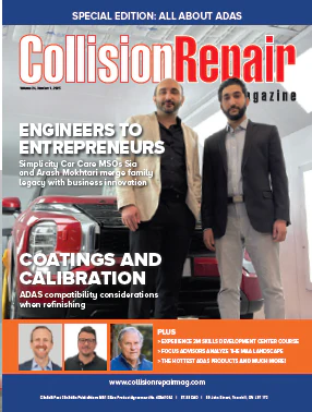 Collision Repair magazine special edition cover with two professionals in business attire
