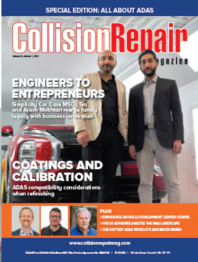Collision Repair magazine special edition cover with two professionals in business attire