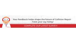 Cartoon character mascot promoting Collision Repair survey feedback