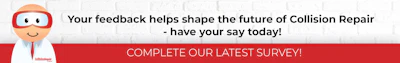 Cartoon character mascot promoting Collision Repair survey feedback
