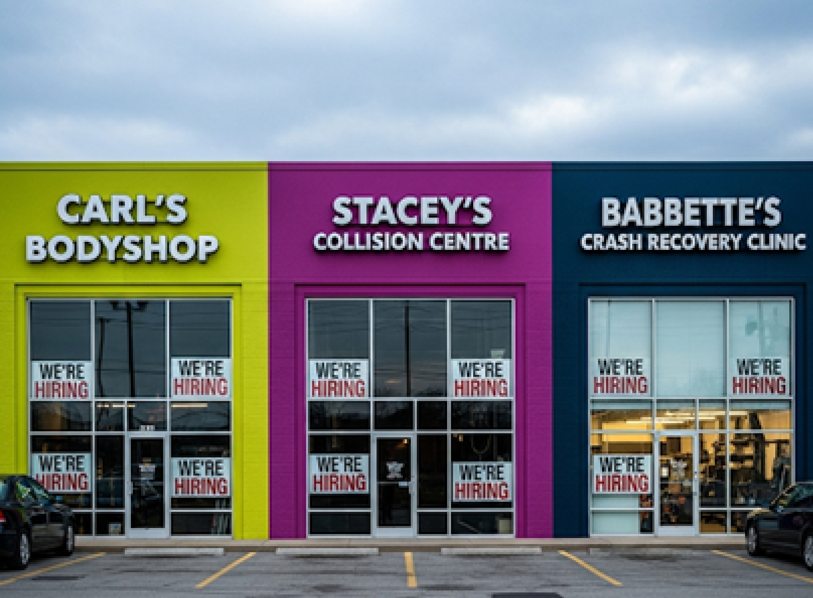 Three auto repair shops with colorful facades advertising job openings