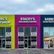 Three auto repair shops with colorful facades advertising job openings