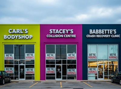 Three auto repair shops with colorful facades advertising job openings
