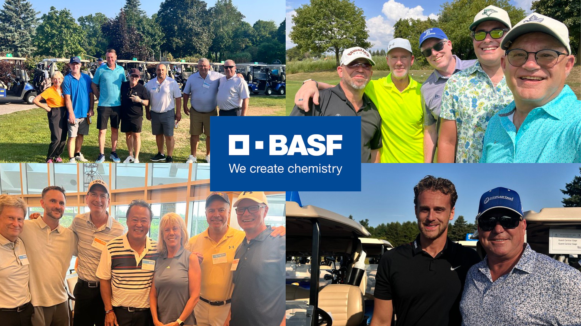 BASF corporate logo with golf event group photos in outdoor settings