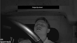 Driver fatigue monitoring system showing person with closed eyes while driving