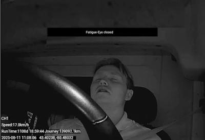 Driver fatigue monitoring system showing person with closed eyes while driving
